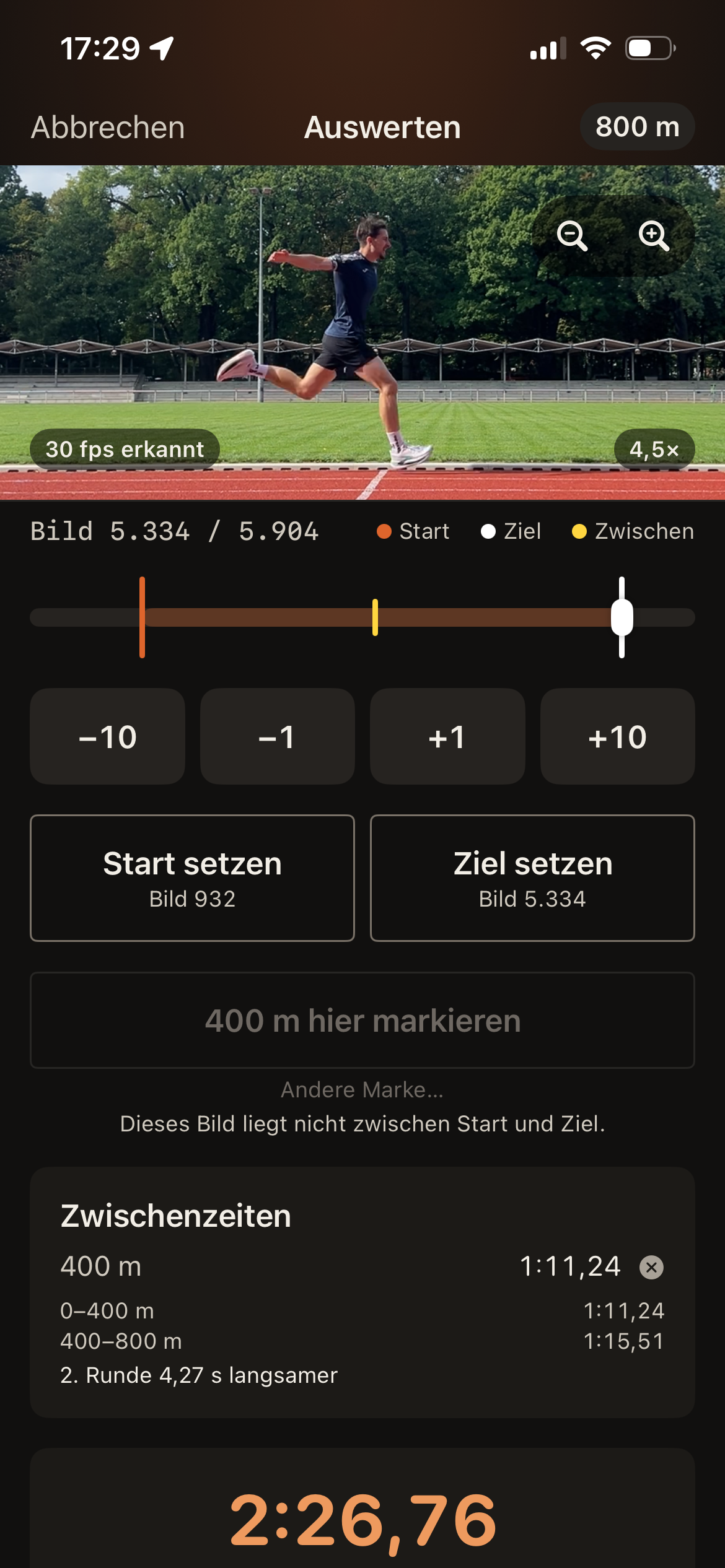 Provarun-Auswertung: Zielmoment im Laufvideo mit Einzelbild-Steuerung auswählen, Start und Ziel setzen und die gemessene Zeit ablesen.